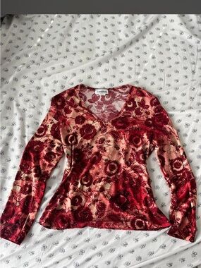 Chelsea & Violet Red and Cream Floral Velvet Long Sleeve Top